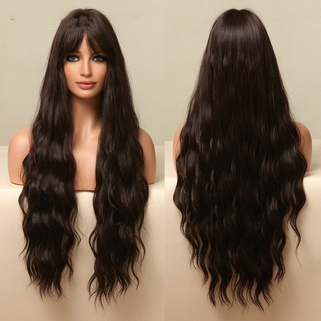 Long Wavy Synthetic Wig with Natural Fringe – Soft Brown Black Volume