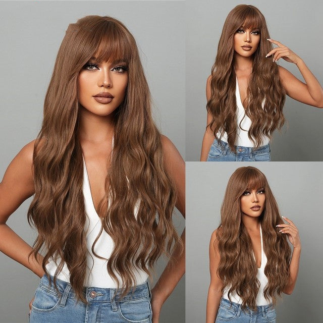 Long Wavy Synthetic Wig with Natural Fringe – Soft Brown Black Volume