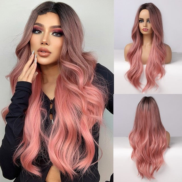 Long Wavy Synthetic Wig with Natural Fringe – Soft Brown Black Volume