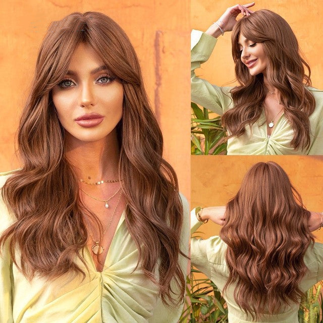 Long Wavy Synthetic Wig with Natural Fringe – Soft Brown Black Volume