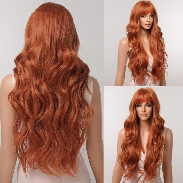 Long Wavy Synthetic Wig with Natural Fringe – Soft Brown Black Volume