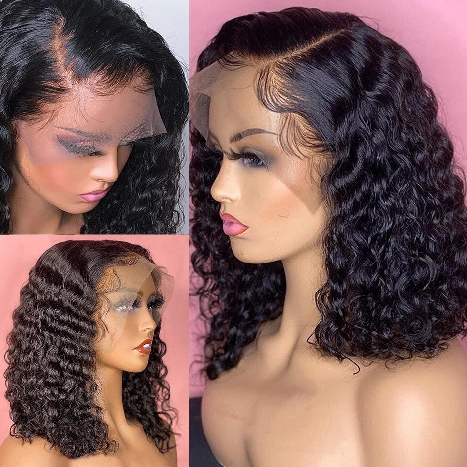 Front Lace Black Curly Wig – Medium Length Fluffy Style (8"–16")
