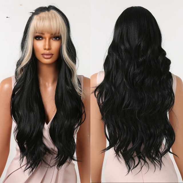 Long Wavy Synthetic Wig with Natural Fringe – Soft Brown Black Volume