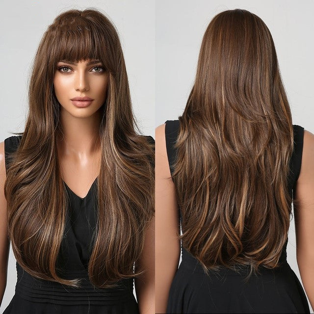 Long Wavy Synthetic Wig with Natural Fringe – Soft Brown Black Volume
