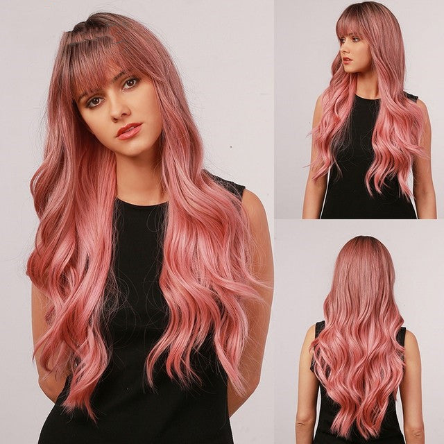 Long Wavy Synthetic Wig with Natural Fringe – Soft Brown Black Volume