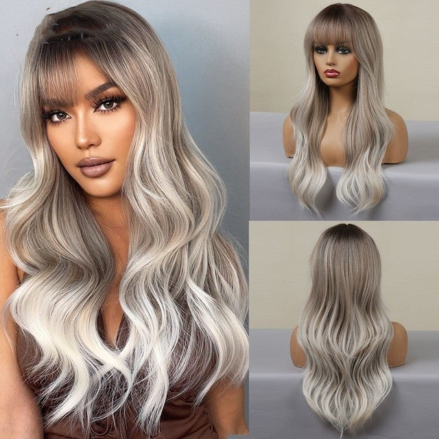 Long Wavy Synthetic Wig with Natural Fringe – Soft Brown Black Volume
