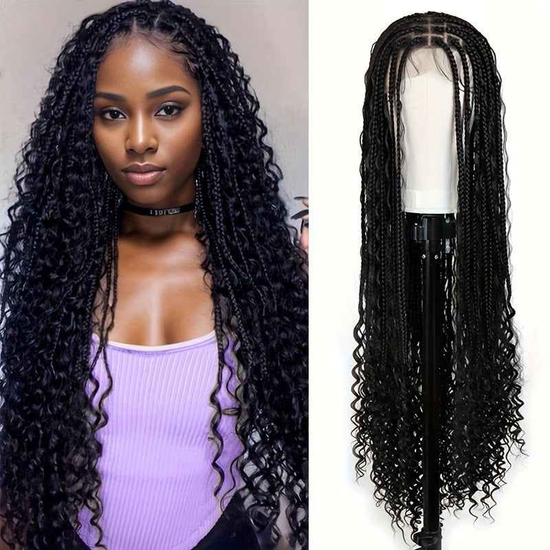 Full Lace Synthetic Curly Braided Wig 36” – Natural Black Boho Style