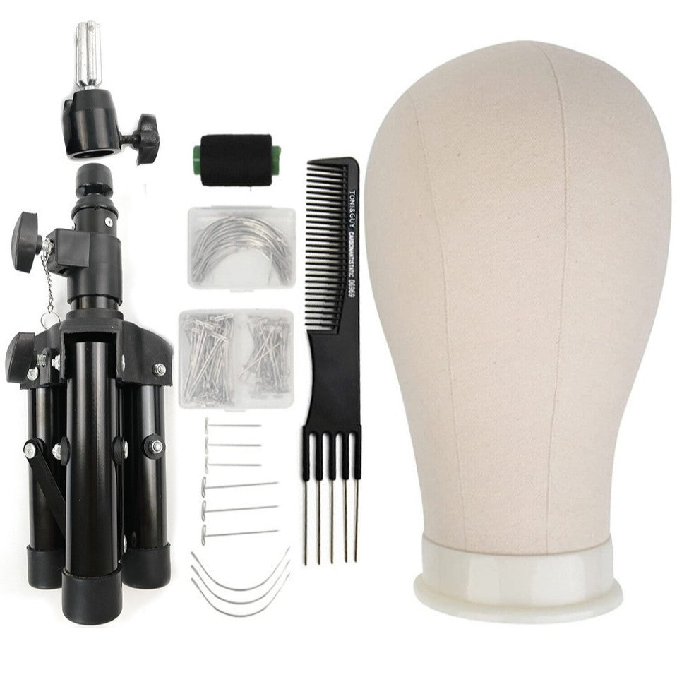 Professional Canvas Head Mannequin Stand Kit – Wig Styling & Sewing Practice Set (21-25 inch)