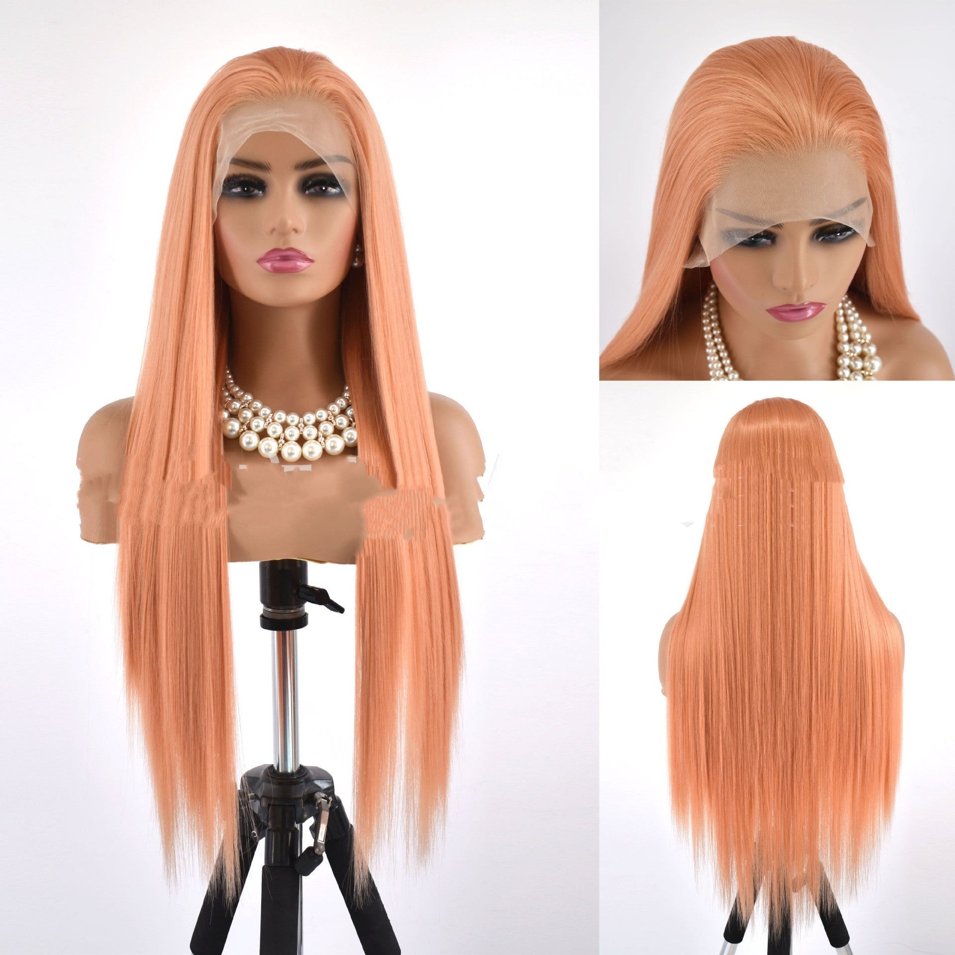Peach Apricot Long Straight Lace Front Wig – Elegant Heat-Resistant Synthetic Hair