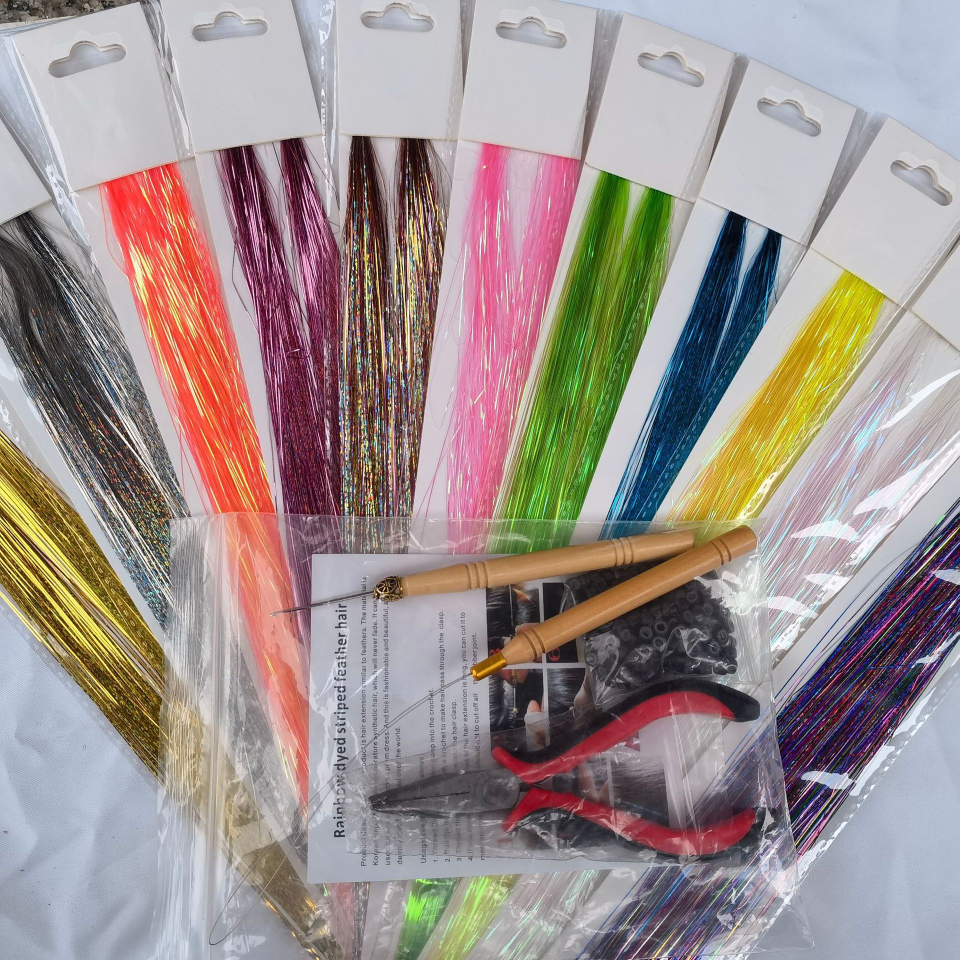 Colorful Hair Tinsel Extensions Kit – 12 Colours Sparkle Highlights (90/120cm) with Tools