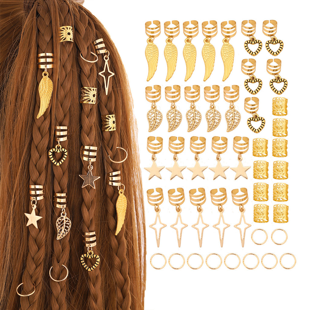 Gold Boho Hair Cuffs Set – 45Pcs Star & Feather Braid Rings for Women