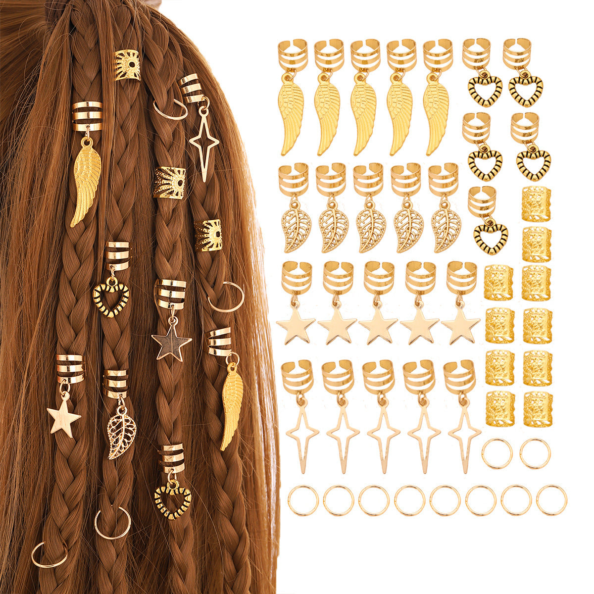 Gold Boho Hair Cuffs Set – 45Pcs Star & Feather Braid Rings for Women