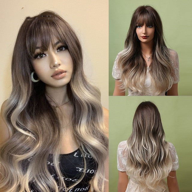 Long Wavy Synthetic Wig with Natural Fringe – Soft Brown Black Volume