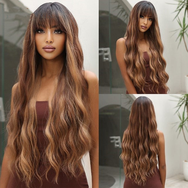 Long Wavy Synthetic Wig with Natural Fringe – Soft Brown Black Volume