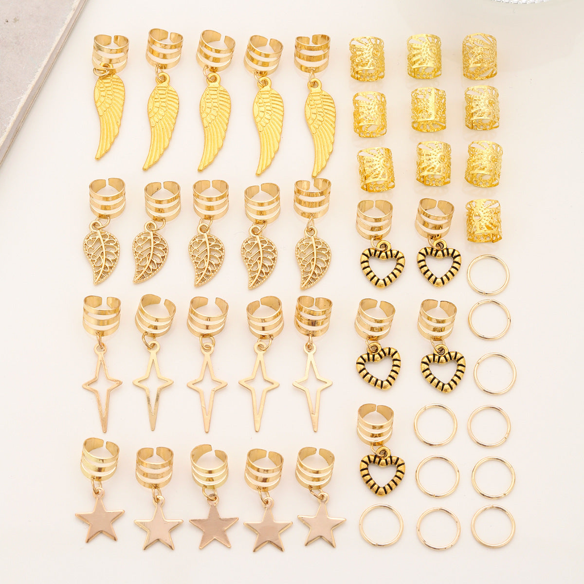 Gold Boho Hair Cuffs Set – 45Pcs Star & Feather Braid Rings for Women