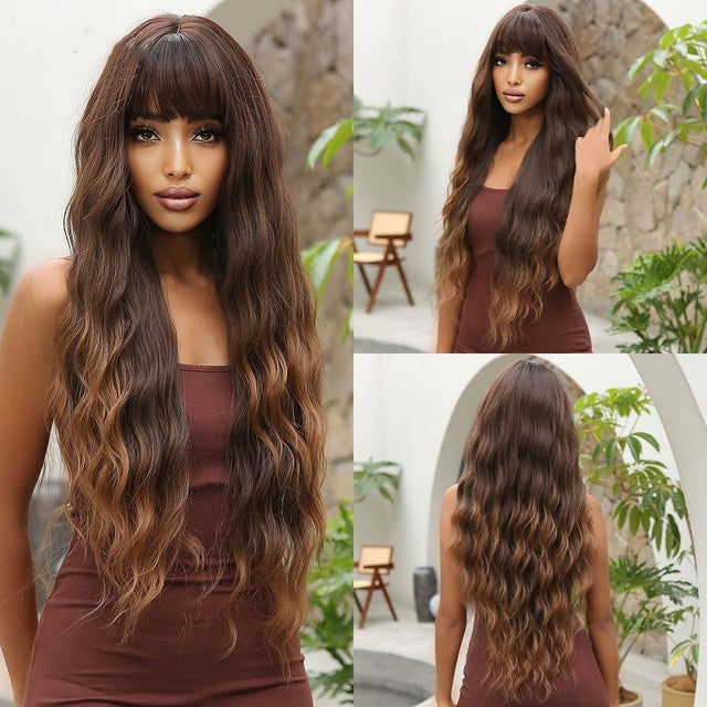 Long Wavy Synthetic Wig with Natural Fringe – Soft Brown Black Volume