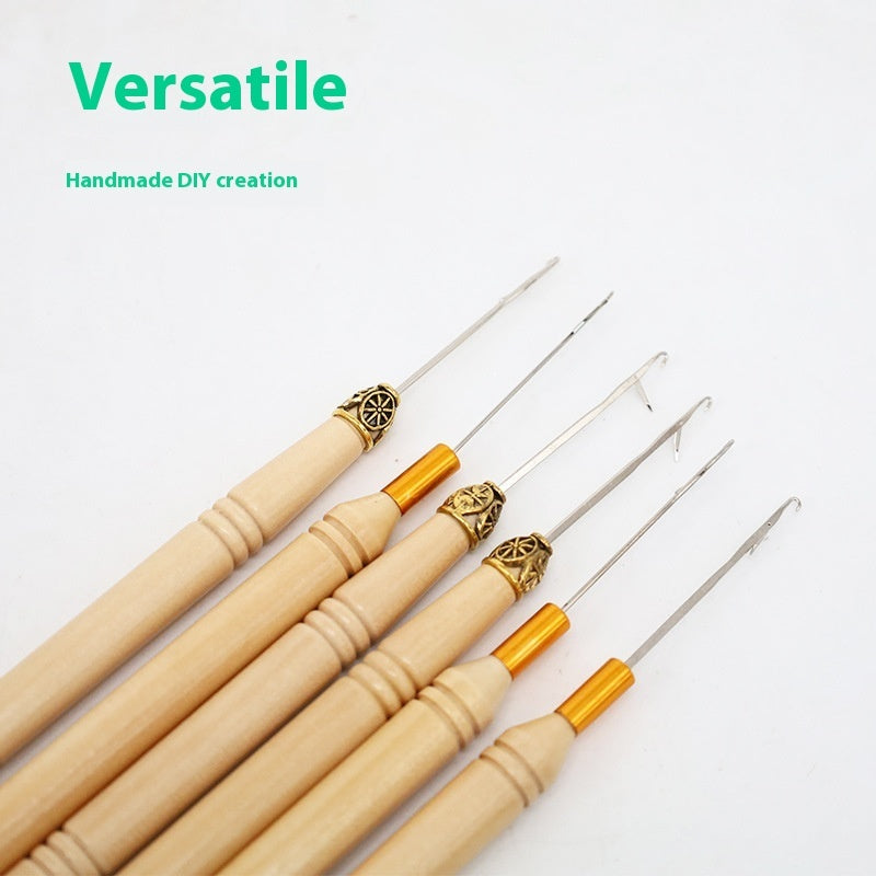 Professional Wooden Hair Extension Hook Tool – Cylindrical Handle Crochet Needle