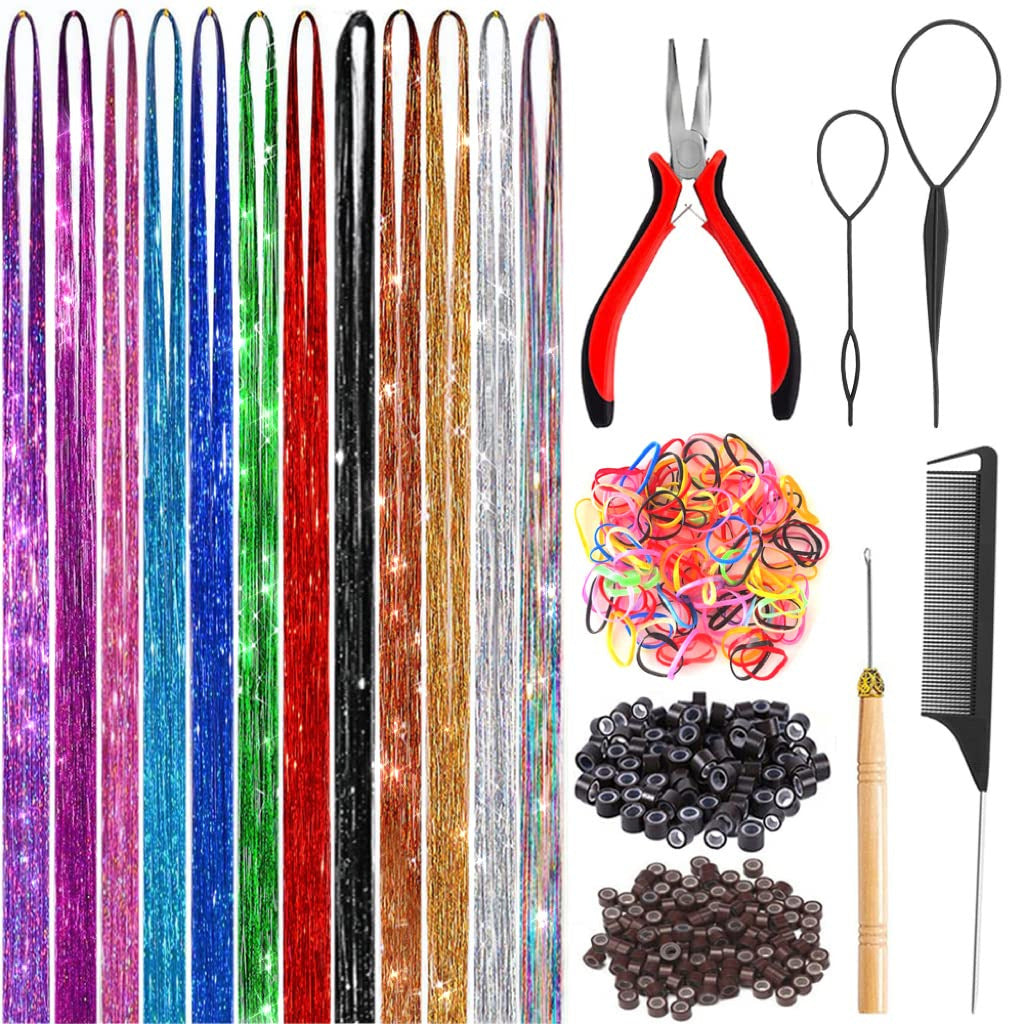 Colorful Hair Tinsel Extensions Kit – 12 Colours Sparkle Highlights (90/120cm) with Tools