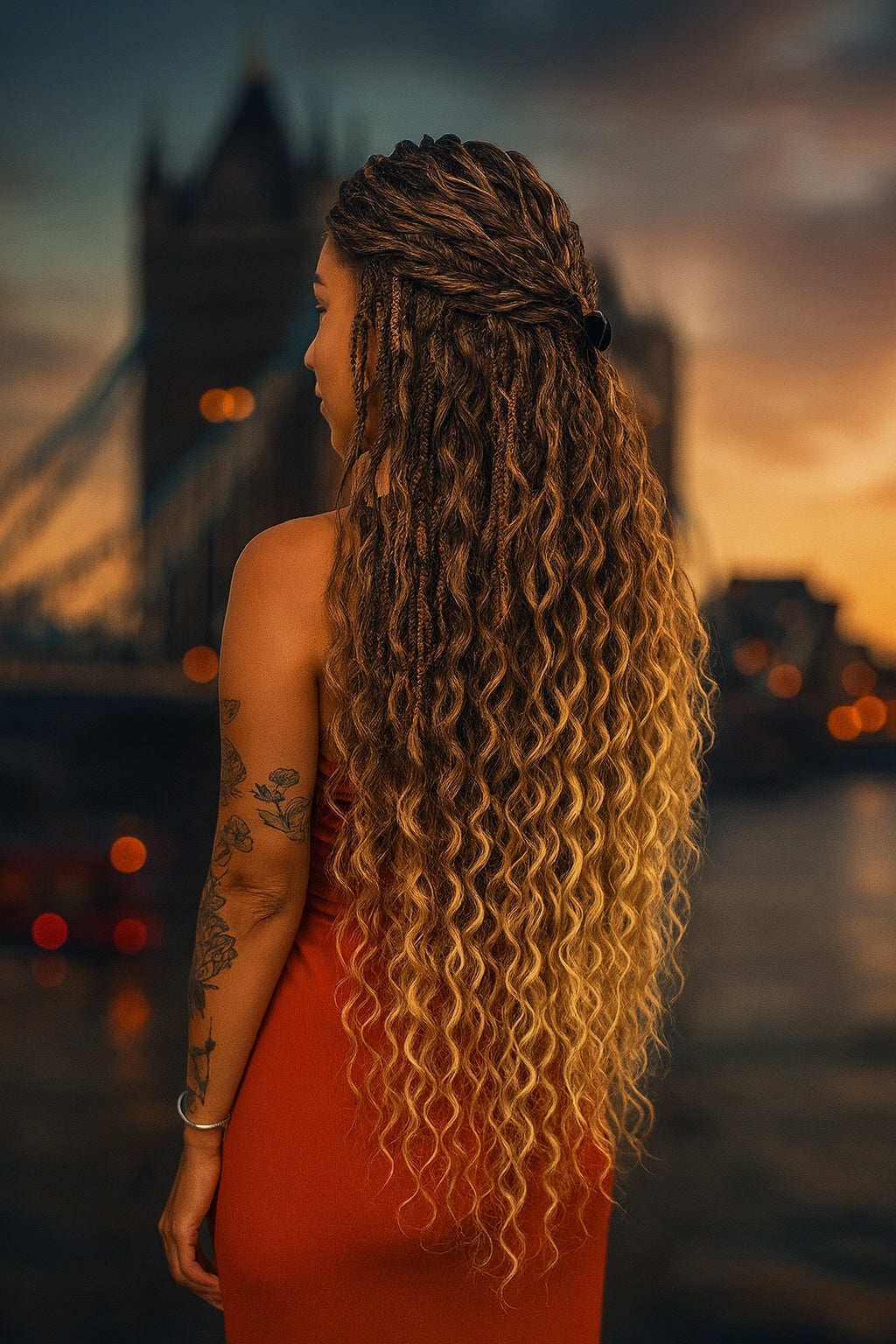 Back view of long boho braided hairstyle — illustrative lifestyle image (AI-generated)