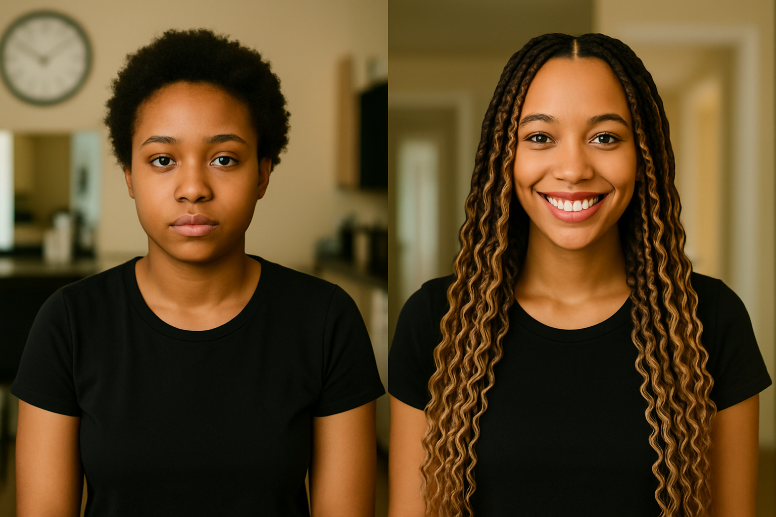 Before-and-after transformation showing braided hairstyle — illustrative image (AI-generated)