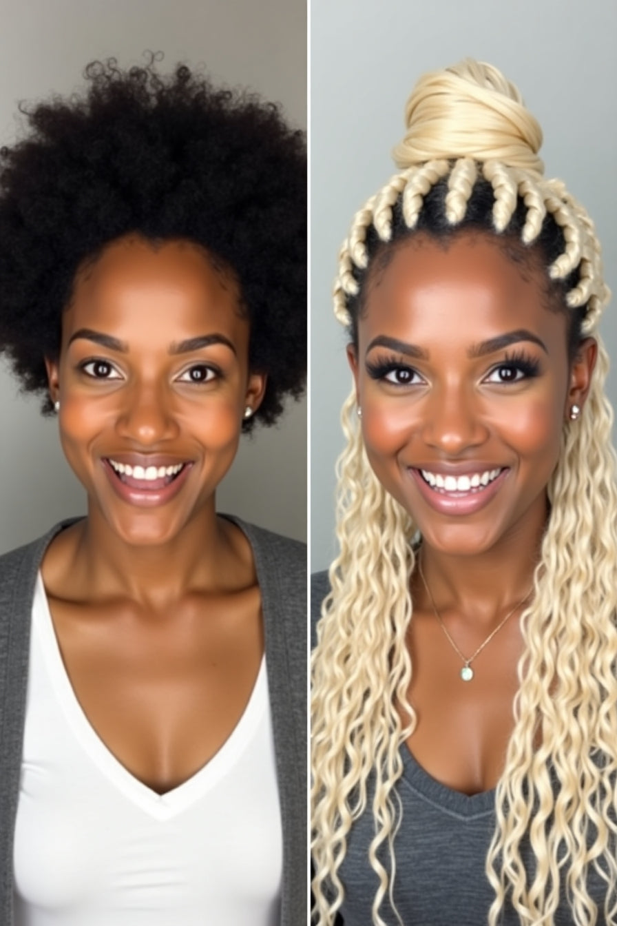 Before-and-after braided hairstyle demonstration — illustrative image (AI-generated)