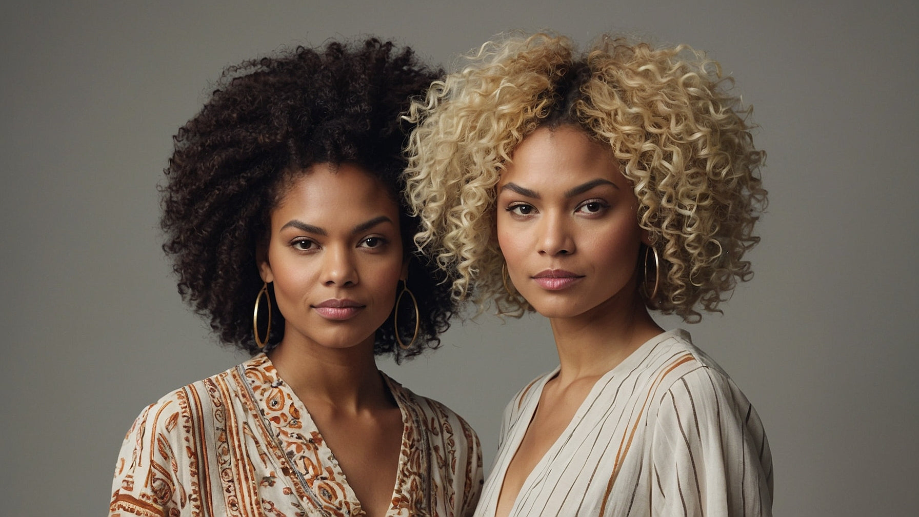 Two models with curly afro hairstyles — illustrative lifestyle image (AI-generated)