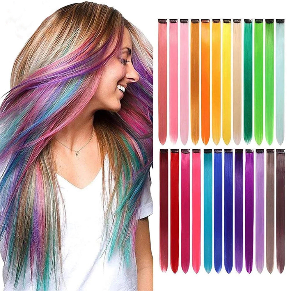 Rainbow Color Clip-In Hair Extensions – 24" Synthetic Streaks for Fun Highlights