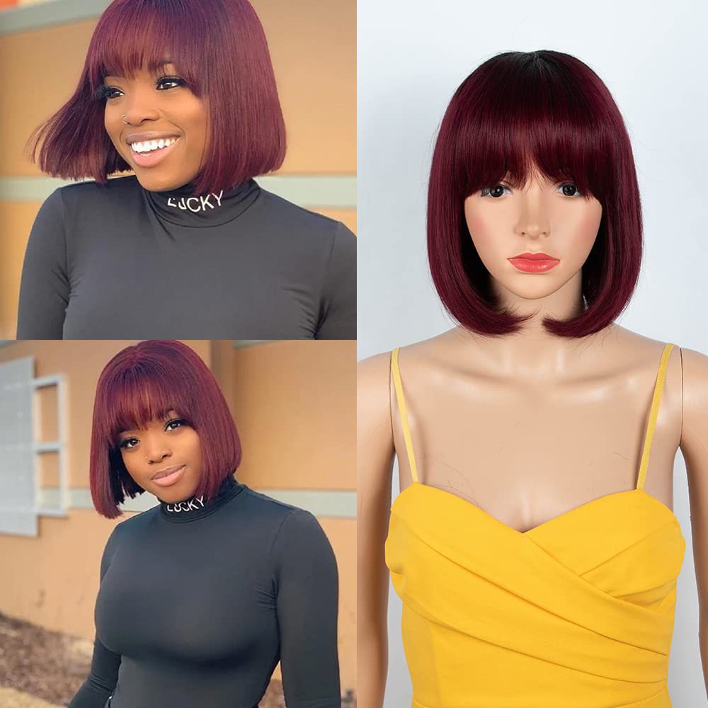 Short Burgundy Human Hair Bob Wig with Bangs – 8 & 10 Inch Full Head (No Lace)