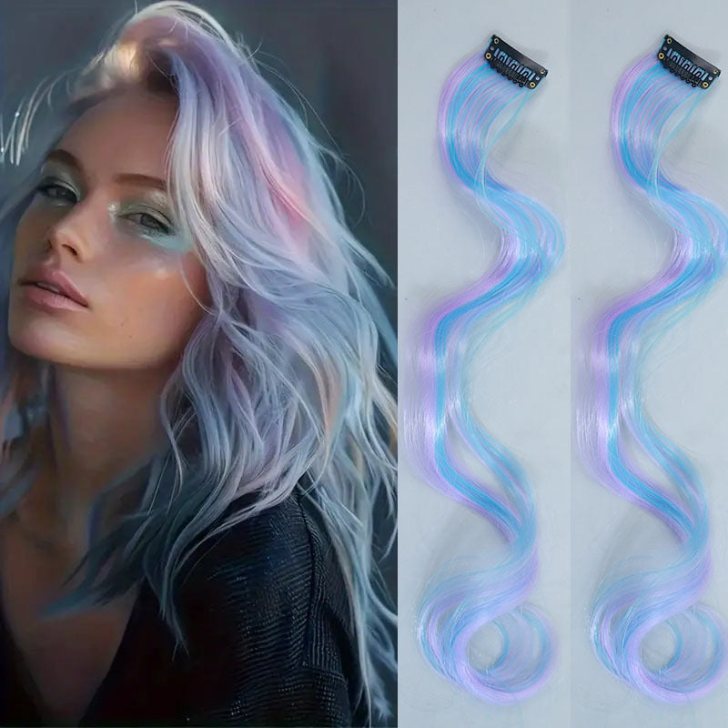 Rainbow Gradient Seamless Hair Extension – Purple & Blue Curly Style