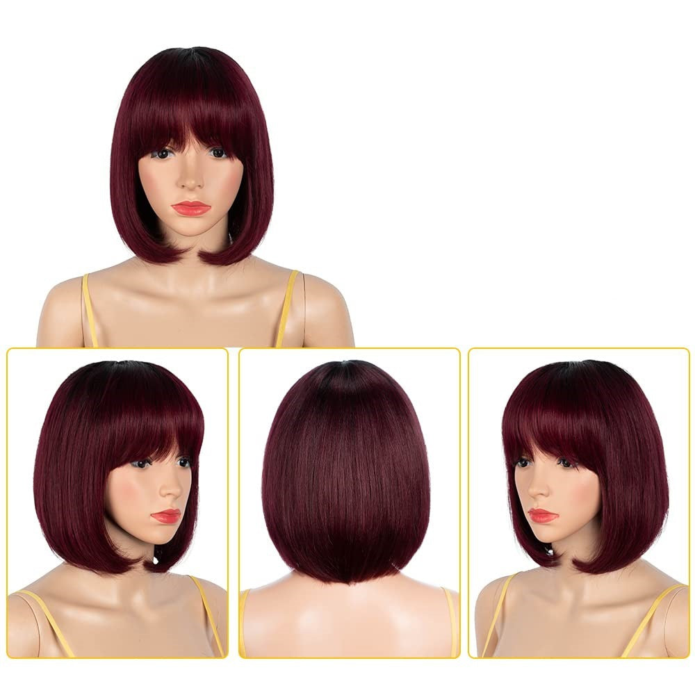Short Burgundy Human Hair Bob Wig with Bangs – 8 & 10 Inch Full Head (No Lace)
