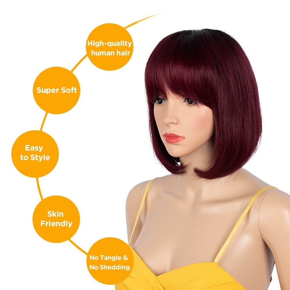 Short Burgundy Human Hair Bob Wig with Bangs – 8 & 10 Inch Full Head (No Lace)