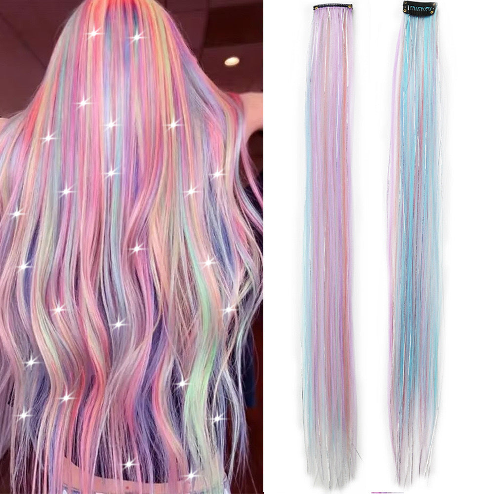 Rainbow Gradient Seamless Hair Extension – Purple & Blue Curly Style