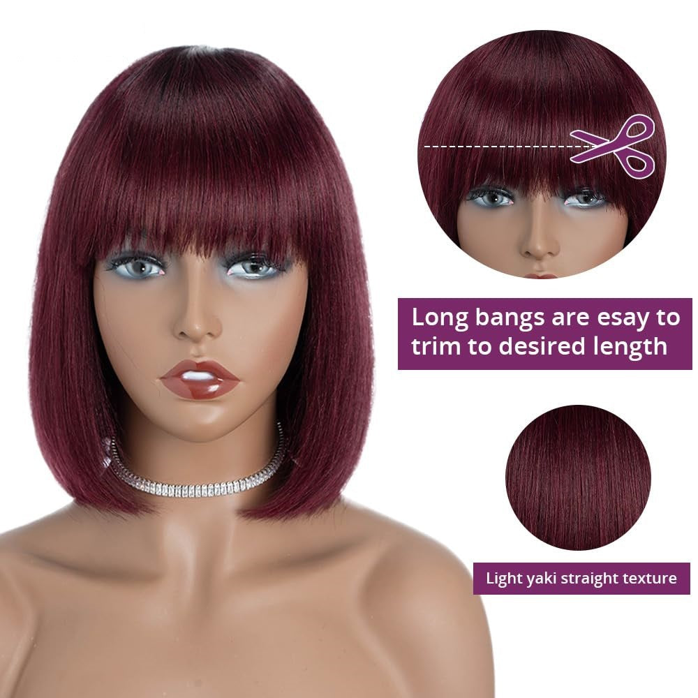 Short Burgundy Human Hair Bob Wig with Bangs – 8 & 10 Inch Full Head (No Lace)