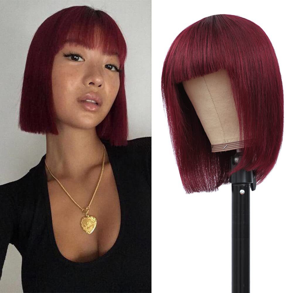 Short Burgundy Human Hair Bob Wig with Bangs – 8 & 10 Inch Full Head (No Lace)