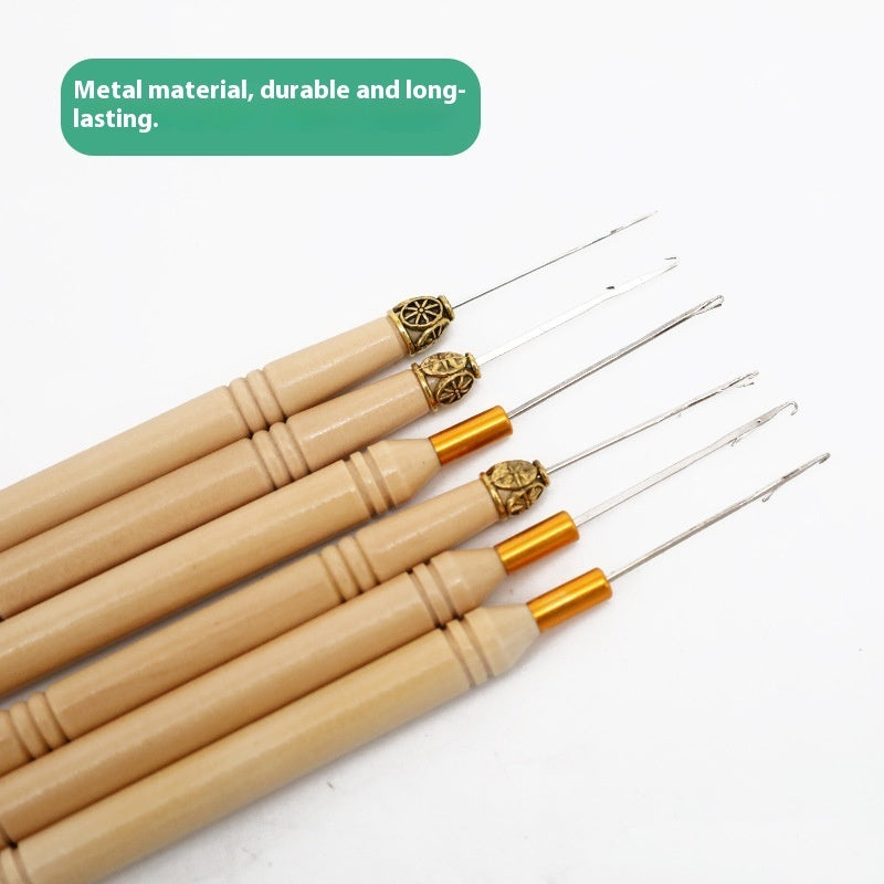 Professional Wooden Hair Extension Hook Tool – Cylindrical Handle Crochet Needle