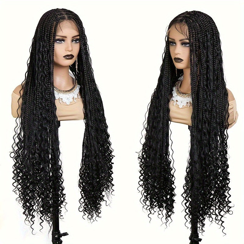 Full Lace Synthetic Curly Braided Wig 36” – Natural Black Boho Style