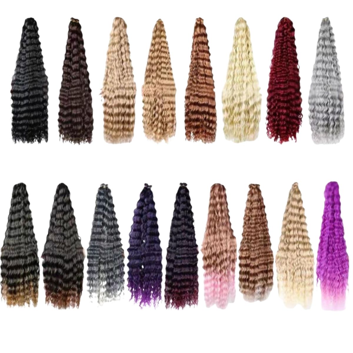 Colour chart showing all shades of deep wave crochet braiding hair

