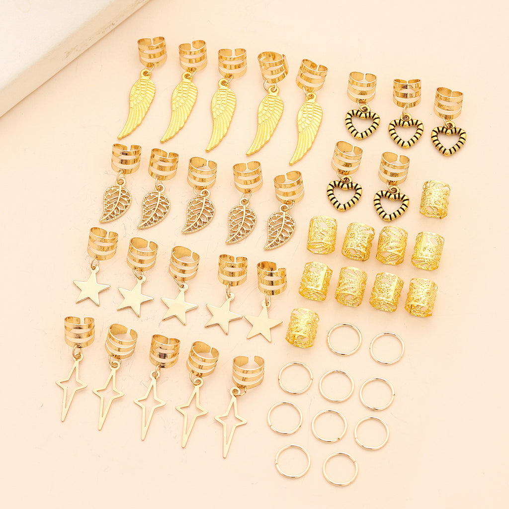 Gold Boho Hair Cuffs Set – 45Pcs Star & Feather Braid Rings for Women
