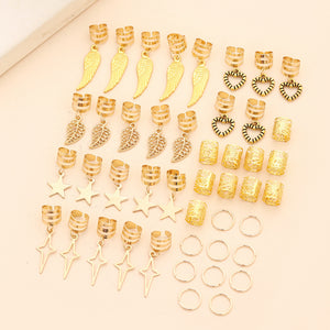 Gold Boho Hair Cuffs Set – 45Pcs Star & Feather Braid Rings for Women