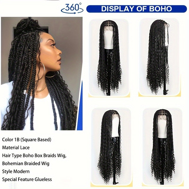 Full Lace Synthetic Curly Braided Wig 36” – Natural Black Boho Style