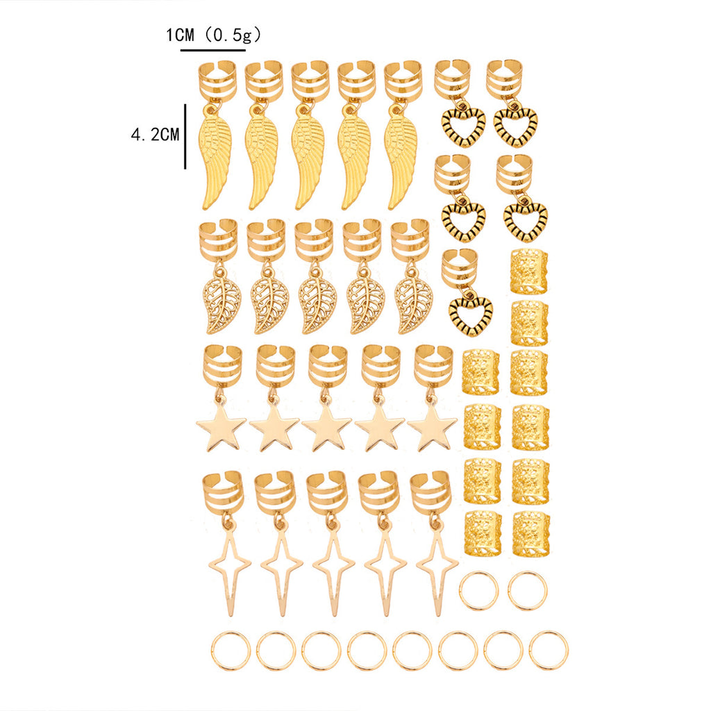 Gold Boho Hair Cuffs Set – 45Pcs Star & Feather Braid Rings for Women
