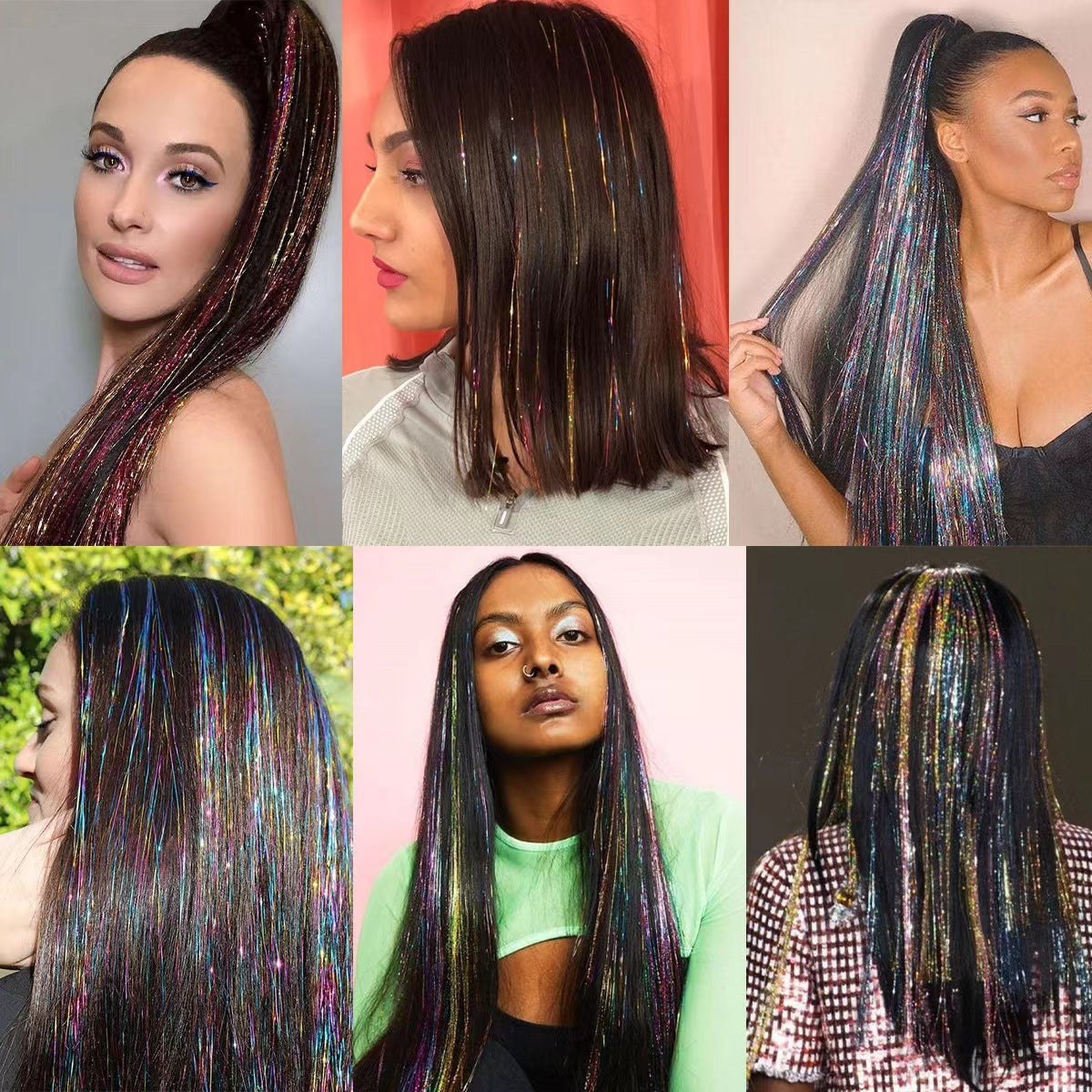 Colorful Hair Tinsel Extensions Kit – 12 Colours Sparkle Highlights (90/120cm) with Tools