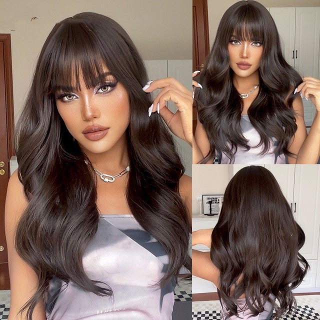 Long Wavy Synthetic Wig with Natural Fringe – Soft Brown Black Volume