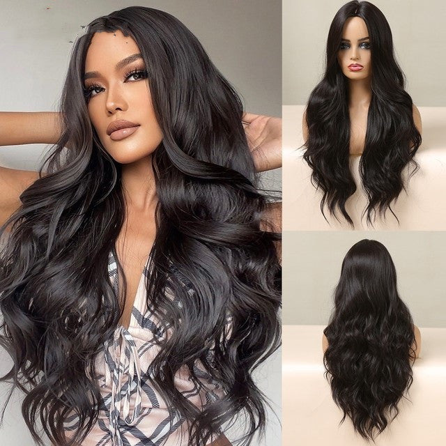 Long Wavy Synthetic Wig with Natural Fringe – Soft Brown Black Volume