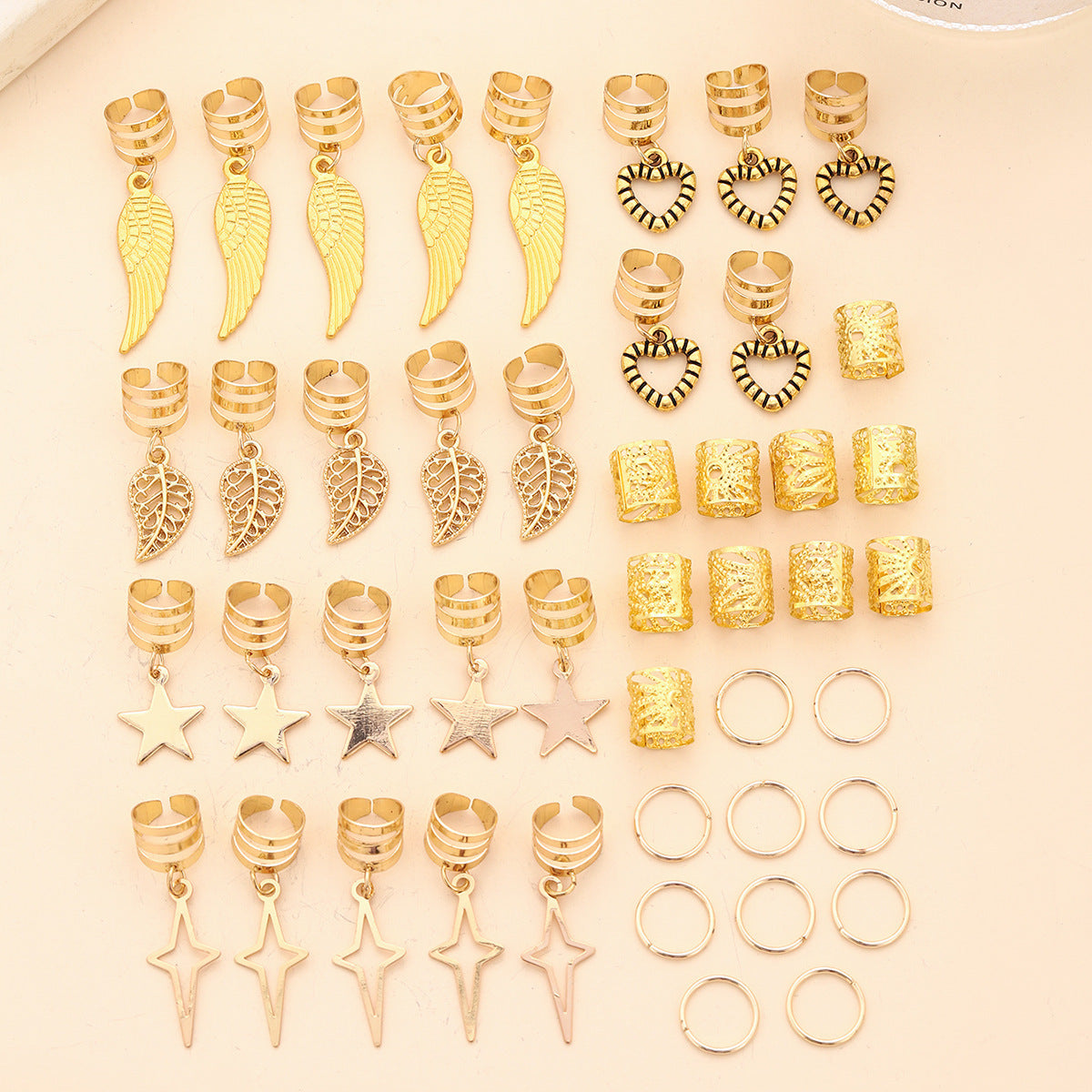Gold Boho Hair Cuffs Set – 45Pcs Star & Feather Braid Rings for Women