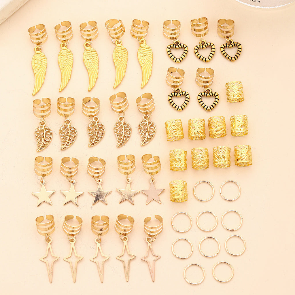 Gold Boho Hair Cuffs Set – 45Pcs Star & Feather Braid Rings for Women